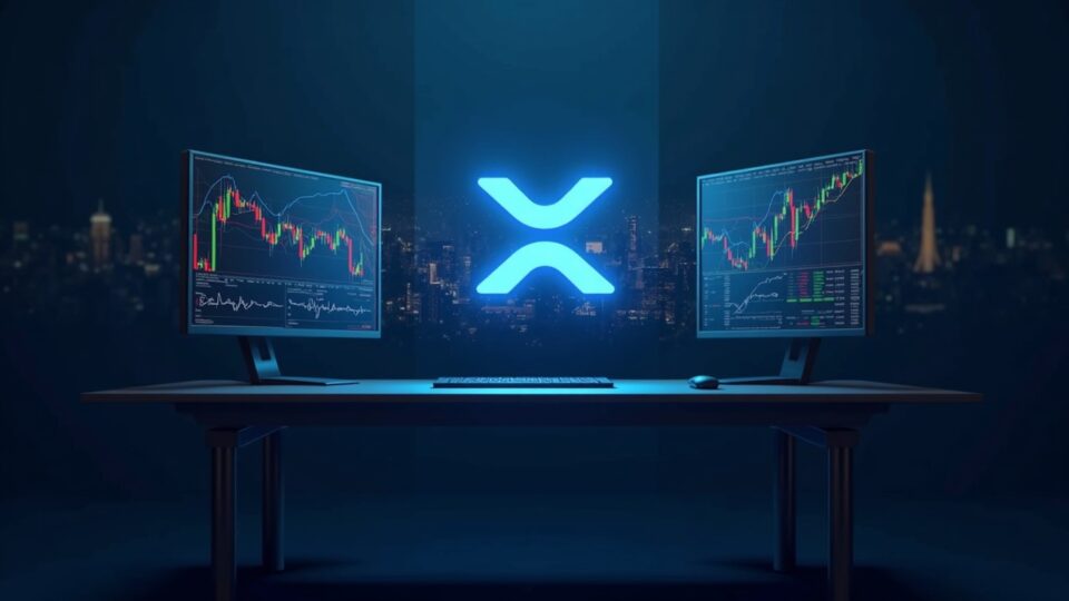 Logo de XRP en mesa de trading con pantallas, reloj 24/7 y skyline de Wall Street.