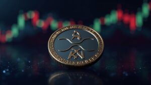 XRP en primer plano con el logo del Banco de Japón y un gráfico ascendente, señalando adopción institucional y riesgo regulatorio.