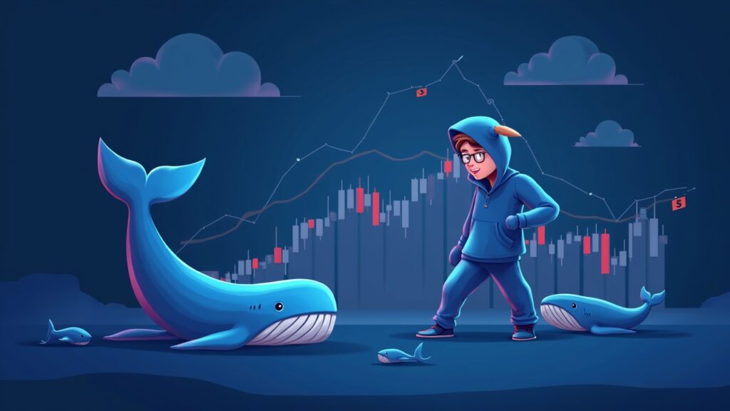 Figura realista de un trader alcista frente a un gráfico XRP entre 2,75 y 3,10, siluetas de ballenas e icono regulatorio, estilo newsroom cripto.