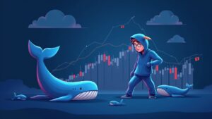 Figura realista de un trader alcista frente a un gráfico XRP entre 2,75 y 3,10, siluetas de ballenas e icono regulatorio, estilo newsroom cripto.