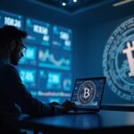 Trader cripto en sala de noticias elegante; tickers holográficos muestran XRP por debajo de 2,46, Bitcoin y sello de la Fed al fondo.