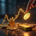 Escena de mercado cripto: XRP sube, oro cae y Bitcoin brilla en una redacción moderna.
