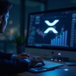 Trader profesional frente a pantalla con logo XRP y tokens de Treasuries tokenizados en XRPL, adopción institucional