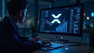 Trader profesional frente a pantalla con logo XRP y tokens de Treasuries tokenizados en XRPL, adopción institucional