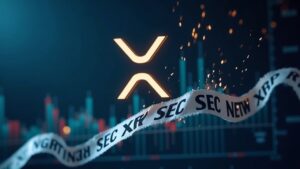 Logo de XRP sube sobre gráfico de precios digital, cintas de la SEC disolviéndose y grandes inversores al fondo.
