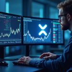 Trader fotorealista frente a pantallas con XRP por encima de $3 y pennant alcista, datos on-chain.