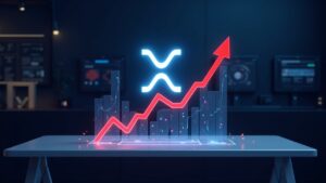 Mesa de trading futurista con logo XRP y gráfico holográfico de precios, pico y caída roja por sobrevaloración.