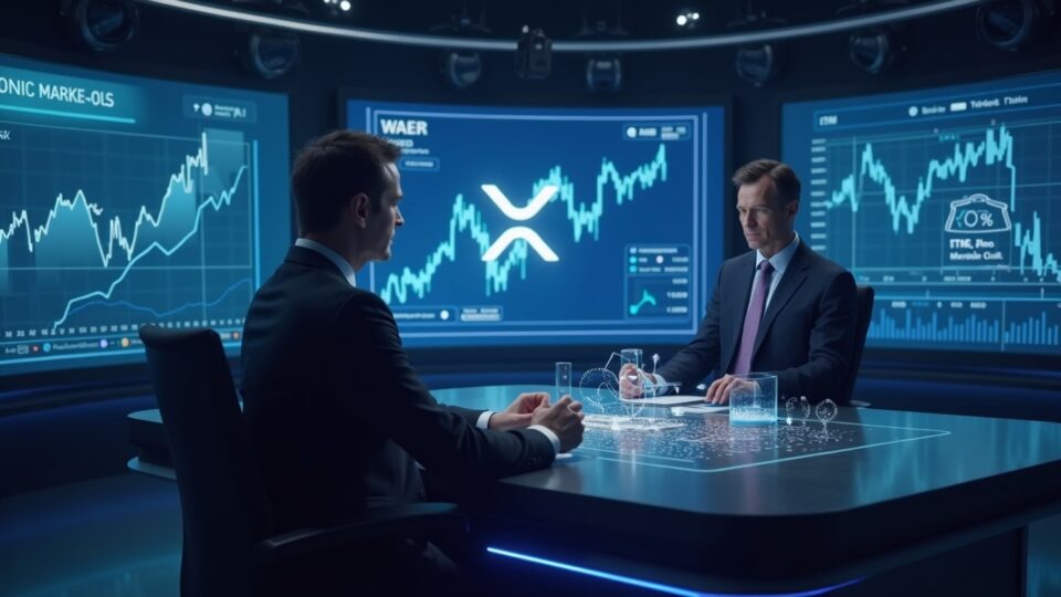 Analista en sala de redacción con gráficos de XRP, ballenas y hologramas de ETF, señalando interés institucional.