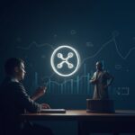 Token XRP central y luminoso, gráficos ascendentes, un mazo discreto y la silueta de la SEC.