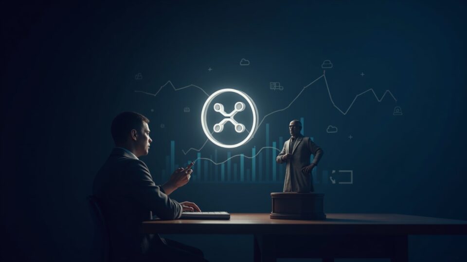 Token XRP central y luminoso, gráficos ascendentes, un mazo discreto y la silueta de la SEC.