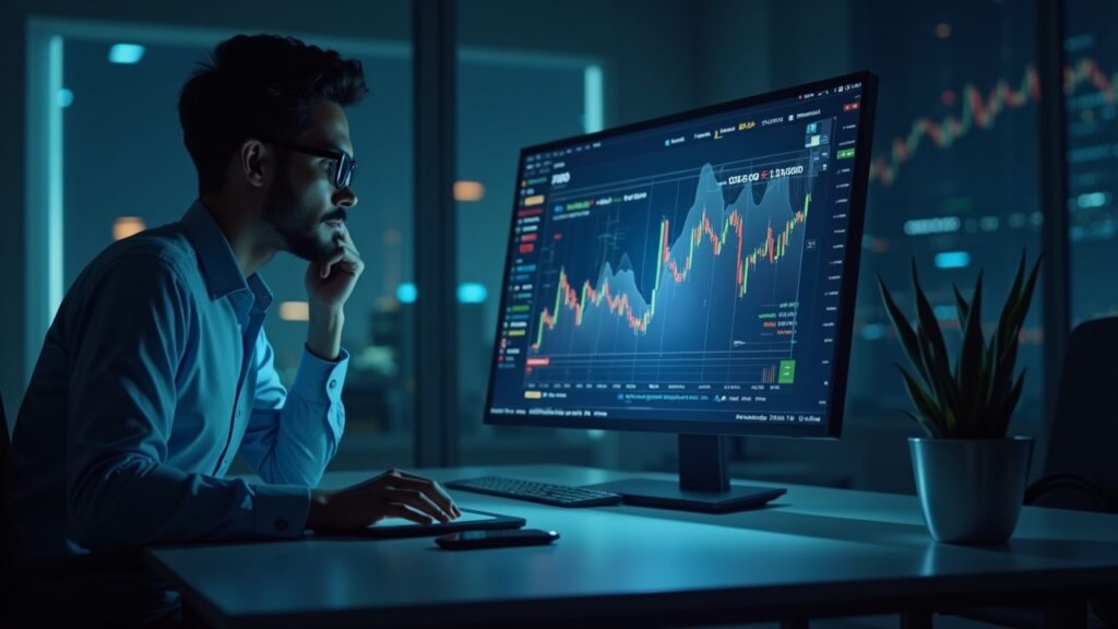 Profesional de trading observa gráfico holográfico de XRP: caída en exchanges y aumento de custodias, interés institucional.