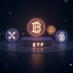 Logos de XRP, Solana y Dogecoin orbitando un ETF brillando, con fondo regulatorio y toques de descentralización.