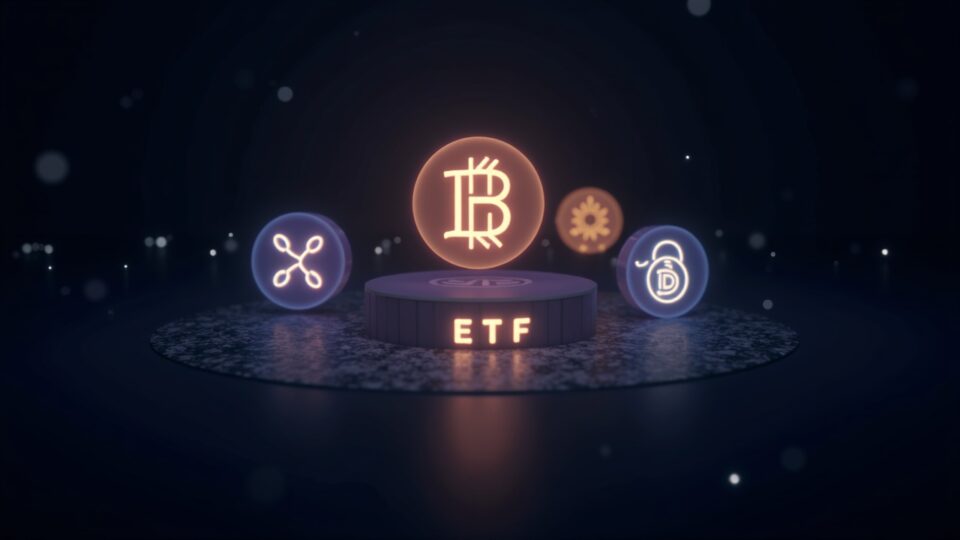 Logos de XRP, Solana y Dogecoin orbitando un ETF brillando, con fondo regulatorio y toques de descentralización.