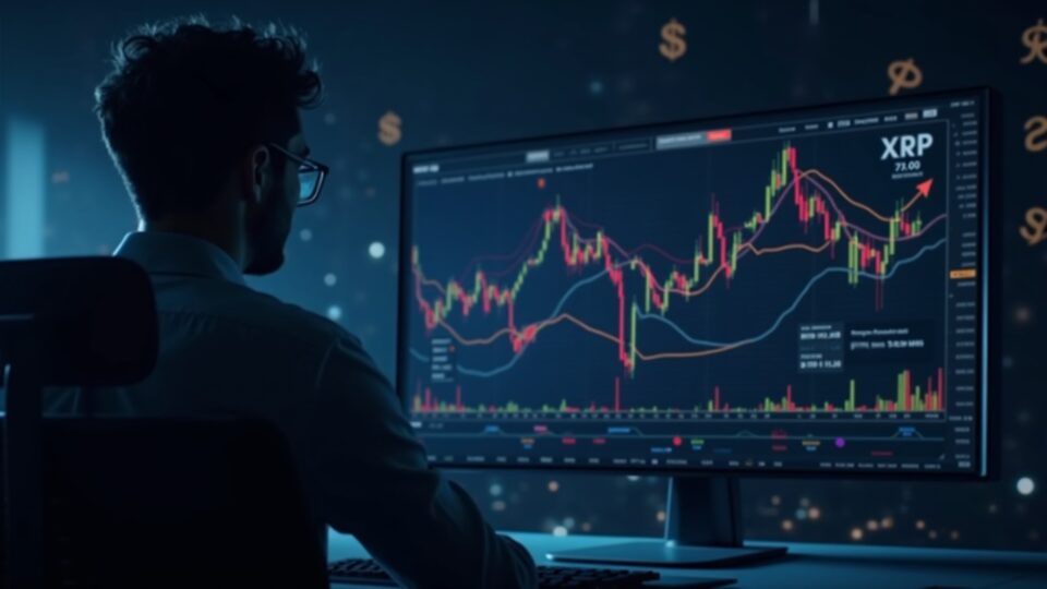 Trader central en una sala cripto observa XRP en un tablero holográfico, con una línea de precio de $2.00 y flechas rojas.