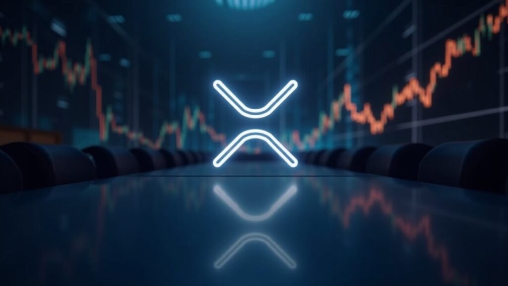 Logotipo de XRP centrado en una mesa de conferencias, con gráficos ascendentes y brillo Nasdaq para tesorería institucional