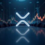Logotipo de XRP centrado en una mesa de conferencias, con gráficos ascendentes y brillo Nasdaq para tesorería institucional