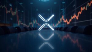 Logotipo de XRP centrado en una mesa de conferencias, con gráficos ascendentes y brillo Nasdaq para tesorería institucional