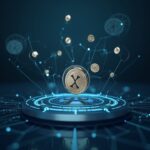 Moneda XRP fotorealista sobre una tesorería moderna, holograma XRPN y redes blockchain, que sugiere liquidez institucional.
