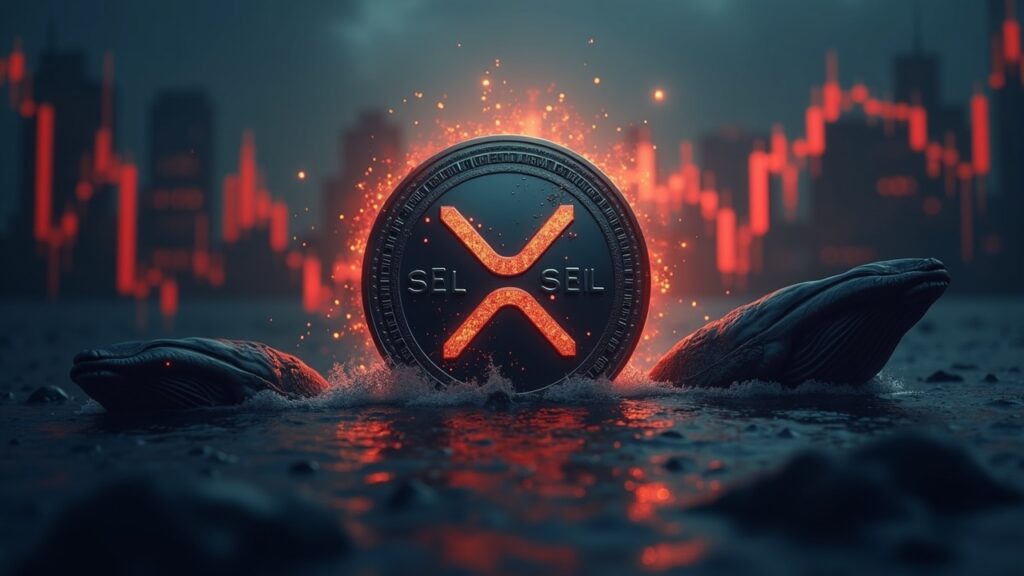 Moneda XRP centrada con flechas rojas de venta, siluetas de ballenas y gráfico de mercado, guiño regulatorio ETF.