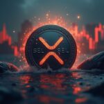 Moneda XRP centrada con flechas rojas de venta, siluetas de ballenas y gráfico de mercado, guiño regulatorio ETF.