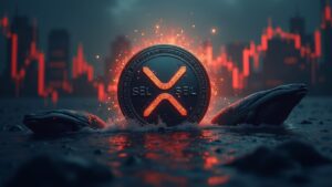 Moneda XRP centrada con flechas rojas de venta, siluetas de ballenas y gráfico de mercado, guiño regulatorio ETF.