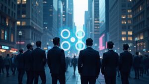 Logo de XRP en el centro, skyline de Wall Street y traders institucionales con un gráfico de precios ascendente.