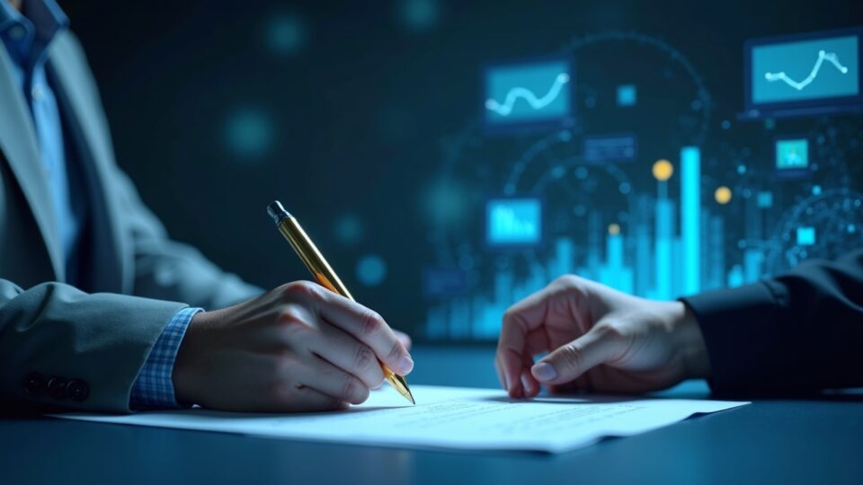 Inversor cripto firma un acuerdo mientras videos educativos de IA holográficos aparecen, simbolizando la inversión en VideoTutor.