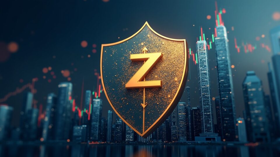 Zcash por encima de 300$, gráfico ascendente, escudo de privacidad zk-SNARKs y skyline institucional.
