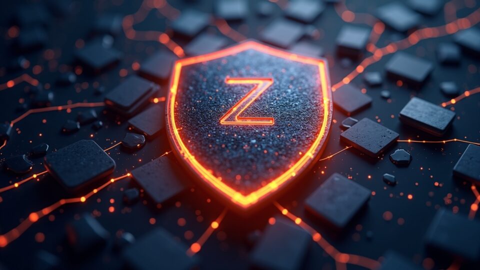 Glowing shield around the Zcash logo with holographic blocks and network lines, symbolizing shielded pools and privacy.