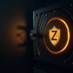 Transacción shielded de Zcash en una bóveda segura, silueta de Bitcoin difusa al fondo, iluminación tipo newsroom.