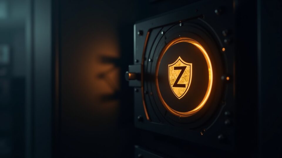 Transacción shielded de Zcash en una bóveda segura, silueta de Bitcoin difusa al fondo, iluminación tipo newsroom.