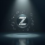 Logo central de Zcash iluminado, frente a un panel de datos en vidrio con Halo 2 y iconos de dólares flotando.