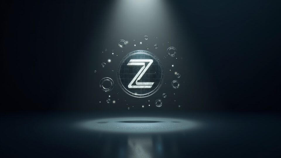 Logo central de Zcash iluminado, frente a un panel de datos en vidrio con Halo 2 y iconos de dólares flotando.