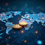 Global cross-border payment flow with stablecoins, a central fintech hub, and digital rails signaling remittance disruption.