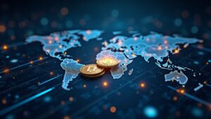 Global cross-border payment flow with stablecoins, a central fintech hub, and digital rails signaling remittance disruption.