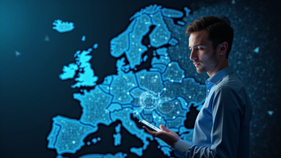 Fintech professional beside a holographic Europe map showing euro and stablecoin icons with MiCA badges.