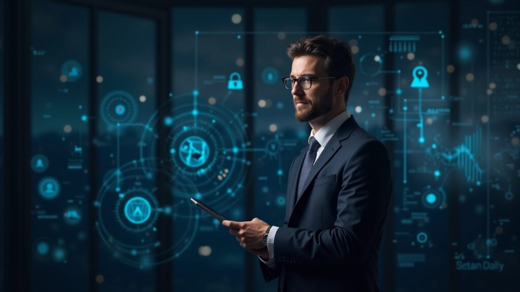 Retrato fotorrealista de un abogado cripto veterano en traje, con circuitos blockchain y activos, fondo de noticias.