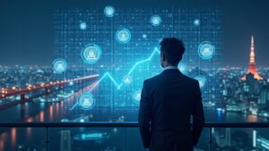 Figura en traje junto a pantalla holográfica de acciones tokenizadas, Tokio y una red blockchain, simbolizando trading 24/7.