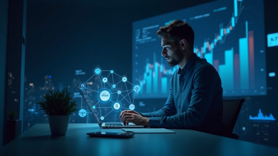 Analista central en una mesa moderna, gráficos holográficos de acciones tokenizadas y nodos de blockchain con íconos regulatorios