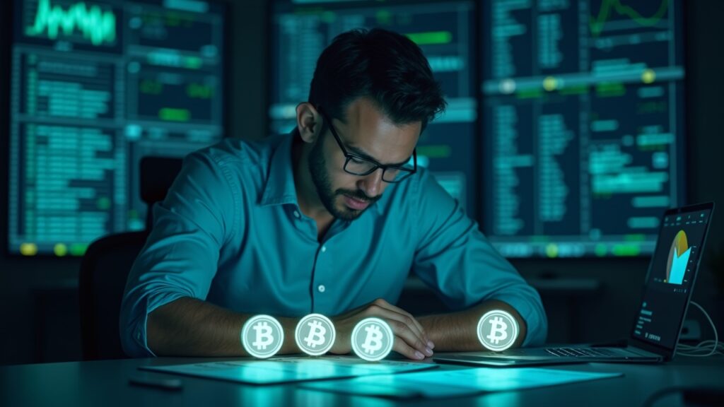 Trader fotorealista en sala de noticias observa tres altcoins brillantes junto a un calendario de Black Friday.