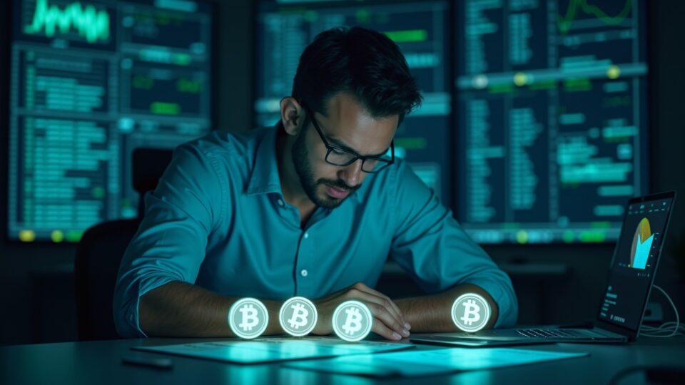 Trader fotorealista en sala de noticias observa tres altcoins brillantes junto a un calendario de Black Friday.