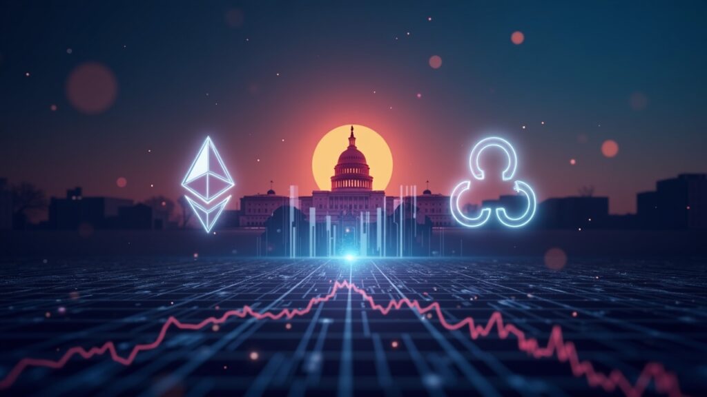 Encabezado fotorealista: logos ETH, XRP y SOL centrados, Capitolio al fondo, barras de liquidez y brillo de circuitos.