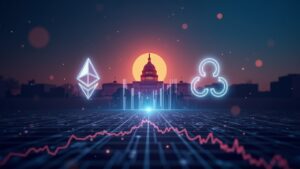 Encabezado fotorealista: logos ETH, XRP y SOL centrados, Capitolio al fondo, barras de liquidez y brillo de circuitos.