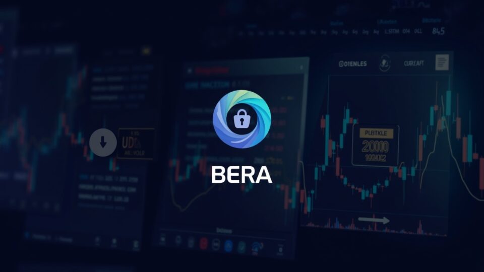 Encabezado fotorrealista con logotipos ARB, UDS y BERA en el centro, reloj de mercado y gráfico con Bollinger.