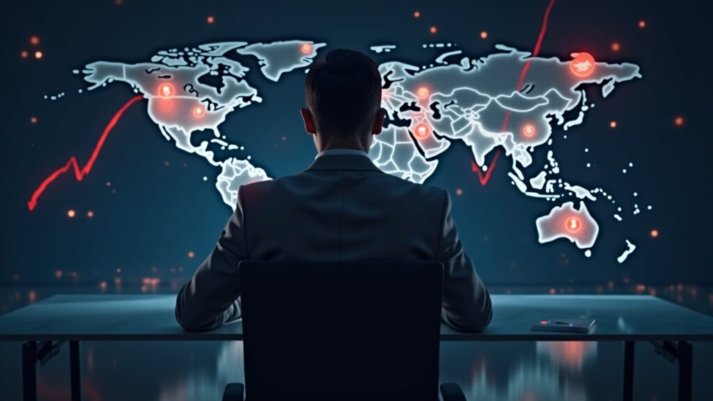 Analista en escritorio con hologramas de Bitcoin y Ethereum y flechas rojas sobre mapa mundial.