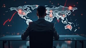 Analista en escritorio con hologramas de Bitcoin y Ethereum y flechas rojas sobre mapa mundial.