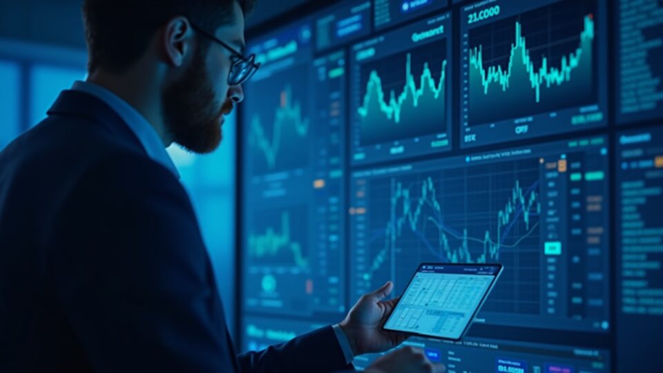 Analista financiero mirando paneles del ETF XRP XRPC en pantalla translúcida, iluminación azul y ambiente Nasdaq.