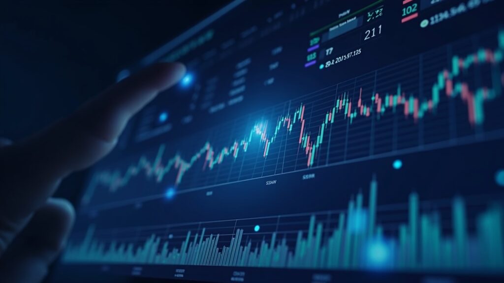 Ejecutivo de Ark Invest analiza un panel fintech con métricas de Circle USDC y Bullish, ante gráfico cripto a la baja.