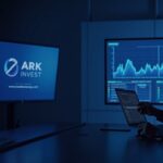 Analista revisa gráficos de Coinbase en pantalla con branding de Ark Invest.