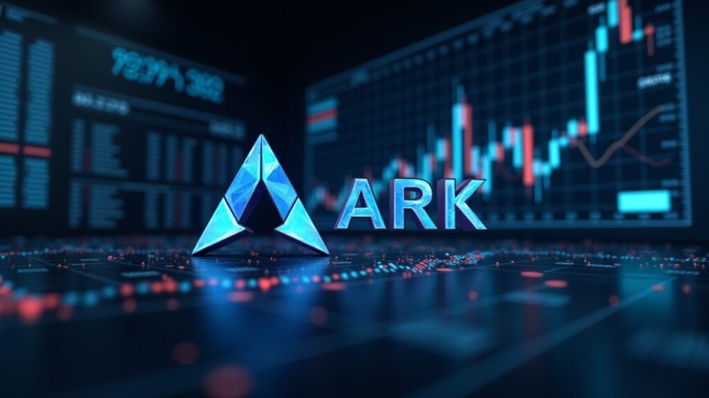 Retrato fotorrealista de Ark Invest en una sala de noticias financieras, con tickers cripto y gráficos ascendentes.